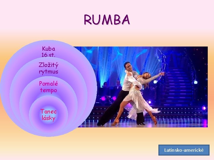 RUMBA Kuba 16. st. Zložitý rytmus Pomalé tempo Tanec lásky Latinsko-americké 