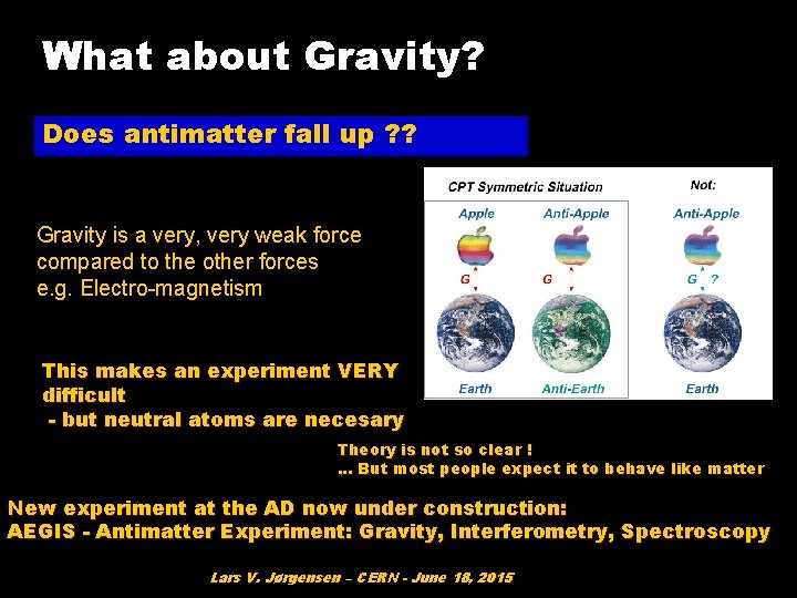 What about Gravity? Does antimatter fall up ? ? Gravity is a very, very