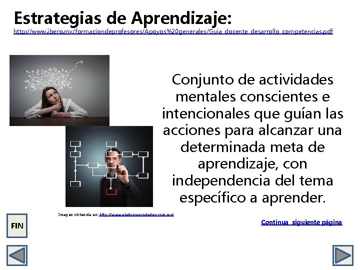 Estrategias de Aprendizaje: http: //www. ibero. mx/formaciondeprofesores/Apoyos%20 generales/Guia_docente_desarrollo_competencias. pdf Conjunto de actividades mentales conscientes