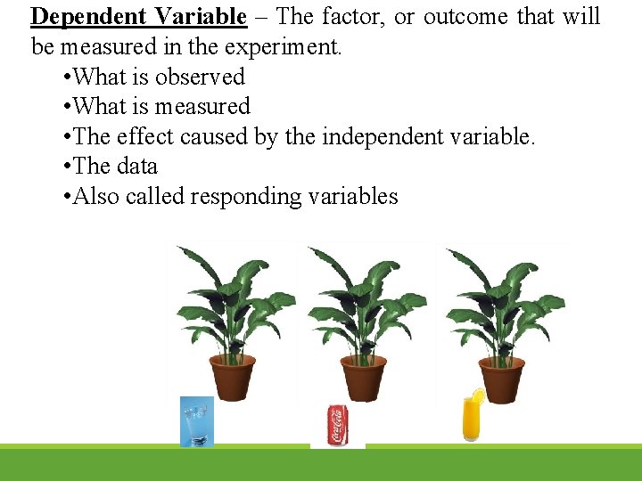 Dependent Variable – The factor, or outcome that will be measured in the experiment. Dependent Variable – The factor, or outcome that will be measured in the experiment.