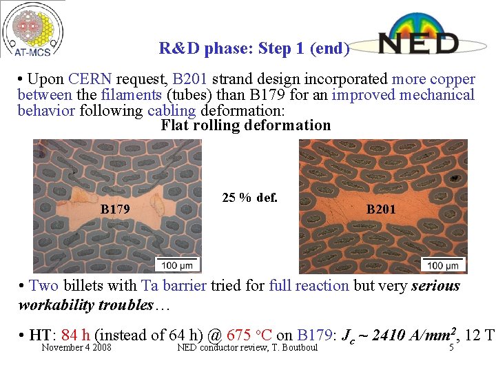 R&D phase: Step 1 (end) • Upon CERN request, B 201 strand design incorporated R&D phase: Step 1 (end) • Upon CERN request, B 201 strand design incorporated