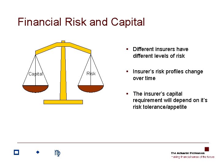 Financial Risk and Capital § Different insurers have different levels of risk Risk Capital Financial Risk and Capital § Different insurers have different levels of risk Risk Capital