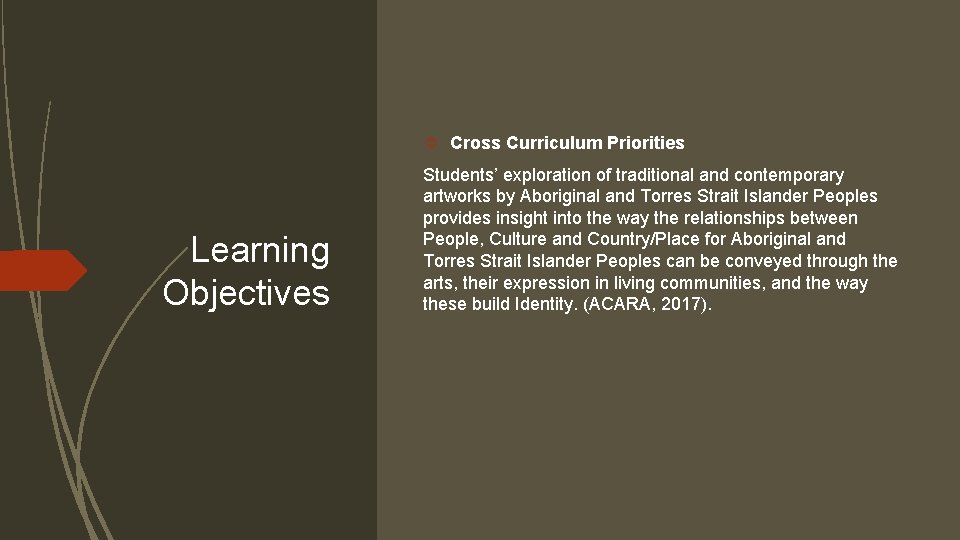  Cross Curriculum Priorities Learning Objectives Students’ exploration of traditional and contemporary artworks by
