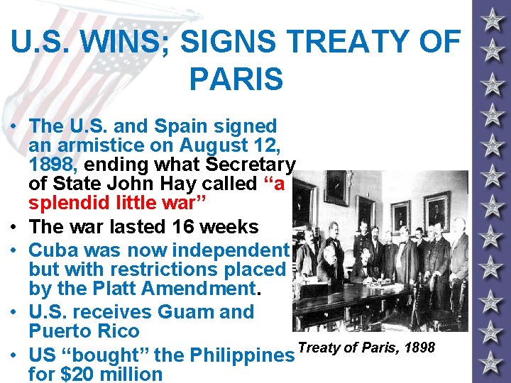 U. S. WINS; SIGNS TREATY OF PARIS • The U. S. and Spain signed