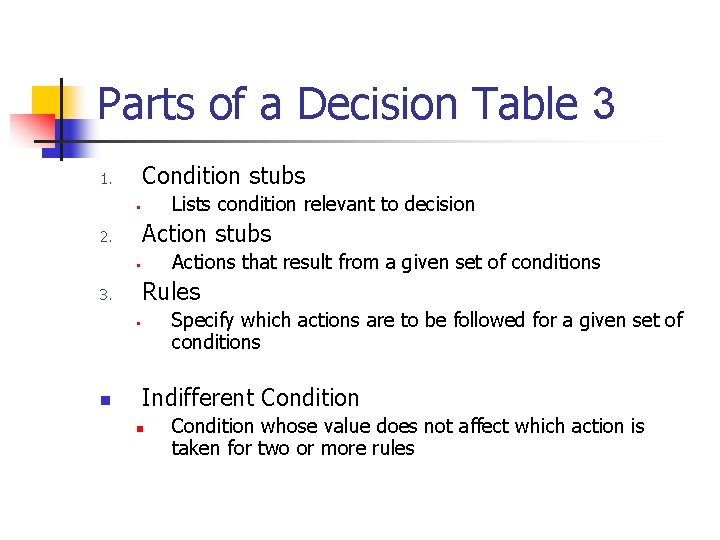 Parts of a Decision Table 3 Condition stubs 1. Lists condition relevant to decision