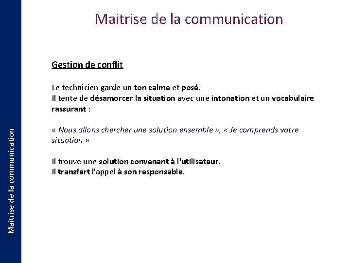 Maitrise de la communication Gestion de conflit Le technicien garde un ton calme et