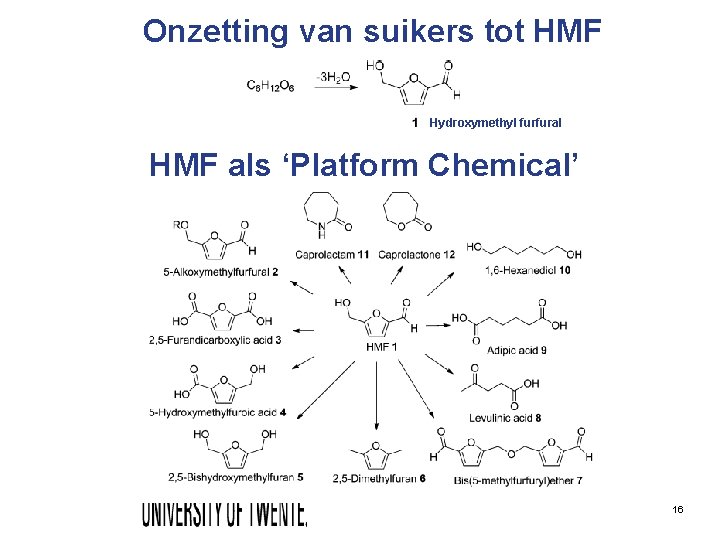 Onzetting van suikers tot HMF Hydroxymethyl furfural HMF als ‘Platform Chemical’ 16 