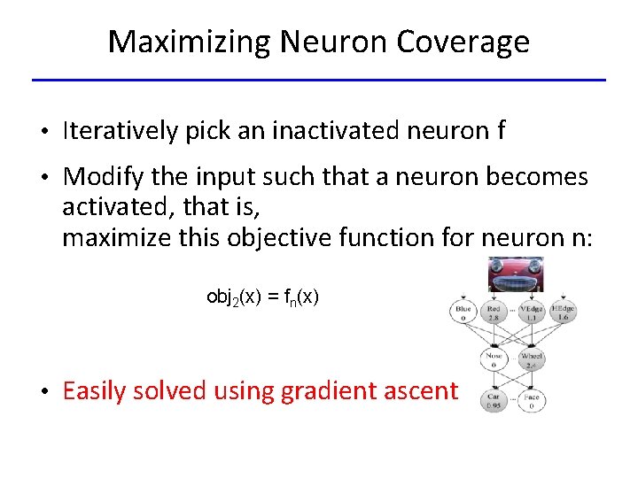 Maximizing Neuron Coverage • Iteratively pick an inactivated neuron f • Modify the input