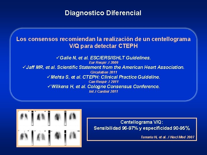 Diagnostico Diferencial Los consensos recomiendan la realización de un centellograma V/Q para detectar CTEPH