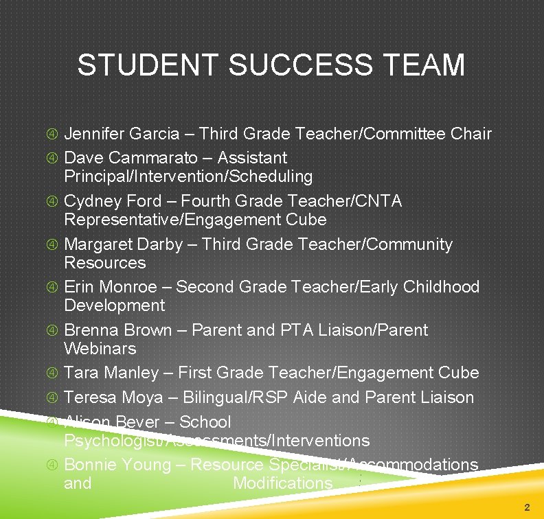 STUDENT SUCCESS TEAM Jennifer Garcia – Third Grade Teacher/Committee Chair Dave Cammarato – Assistant