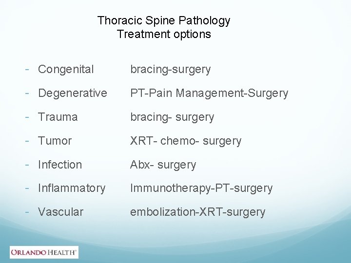 Thoracic Spine Pathology Treatment options - Congenital bracing-surgery - Degenerative PT-Pain Management-Surgery - Trauma