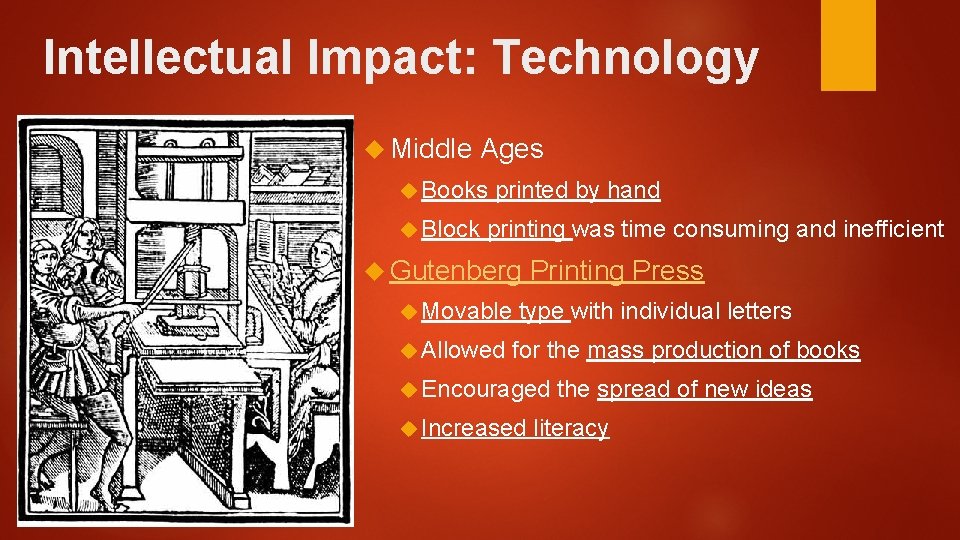 Intellectual Impact: Technology Middle Ages Books Block printed by hand printing was time consuming Intellectual Impact: Technology Middle Ages Books Block printed by hand printing was time consuming