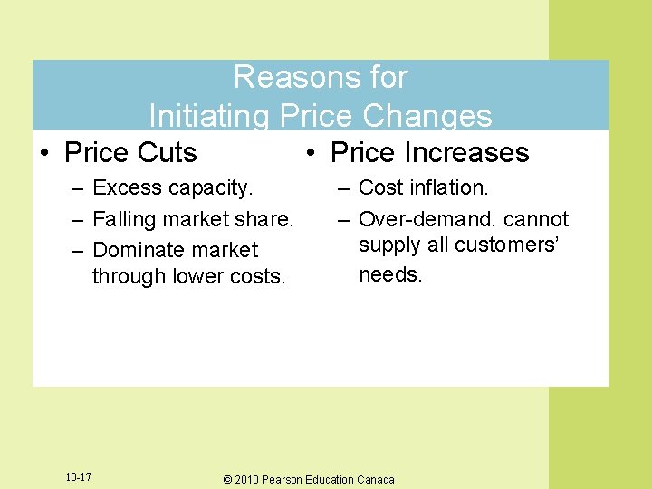 Reasons for Initiating Price Changes • Price Cuts • Price Increases – Excess capacity. Reasons for Initiating Price Changes • Price Cuts • Price Increases – Excess capacity.