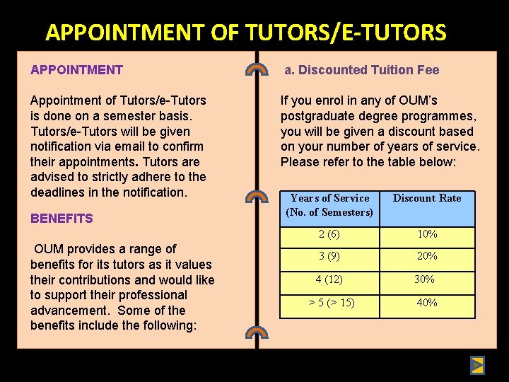 APPOINTMENT OF TUTORS/E-TUTORS APPOINTMENT Appointment of Tutors/e-Tutors is done on a semester basis. Tutors/e-Tutors
