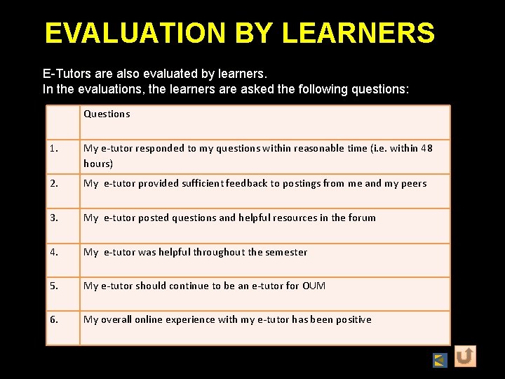 EVALUATION BY LEARNERS E-Tutors are also evaluated by learners. In the evaluations, the learners