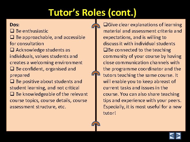 Tutor’s Roles (cont. ) Dos: q Be enthusiastic q Be approachable, and accessible for