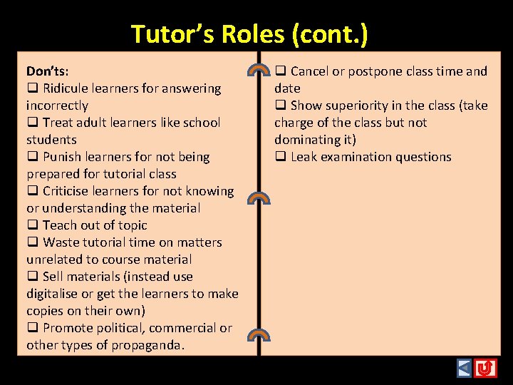 Tutor’s Roles (cont. ) Don’ts: q Ridicule learners for answering incorrectly q Treat adult