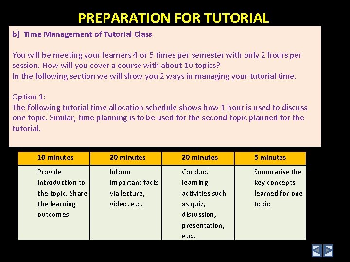 PREPARATION FOR TUTORIAL b) Time Management of Tutorial Class You will be meeting your