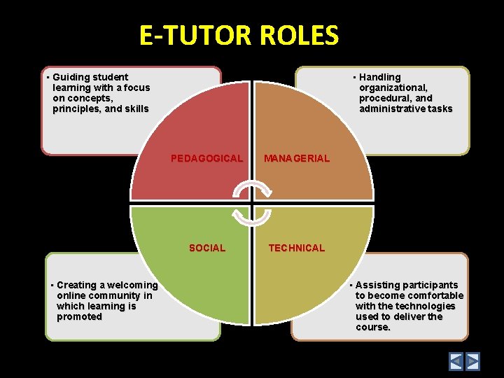 E-TUTOR ROLES • Guiding student learning with a focus on concepts, principles, and skills