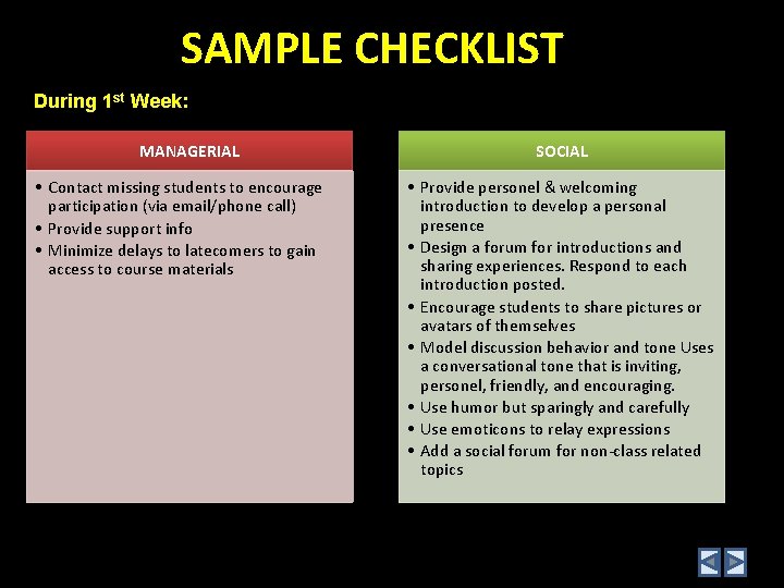 SAMPLE CHECKLIST During 1 st Week: MANAGERIAL • Contact missing students to encourage participation