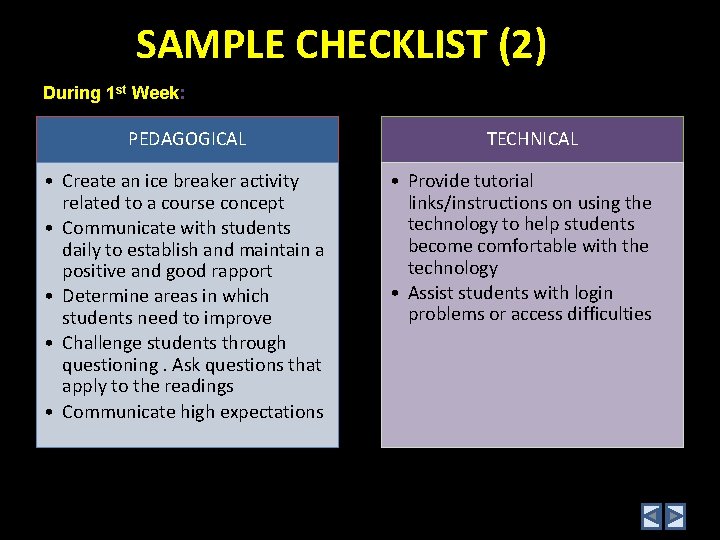 SAMPLE CHECKLIST (2) During 1 st Week: PEDAGOGICAL • Create an ice breaker activity