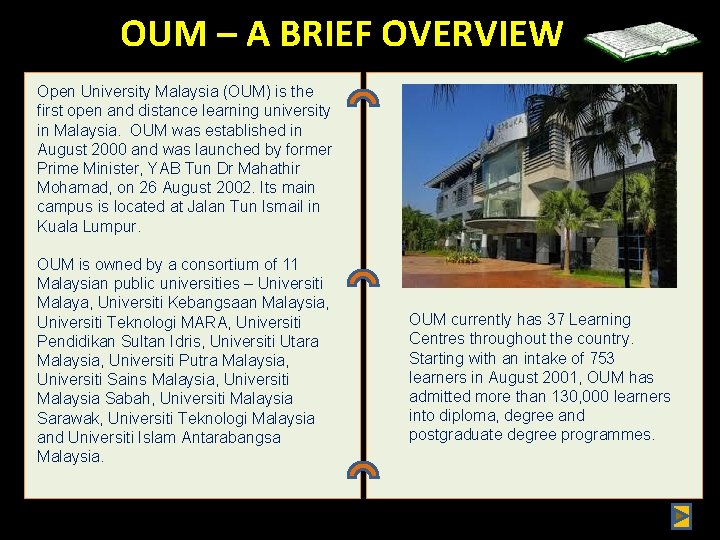 OUM – A BRIEF OVERVIEW Open University Malaysia (OUM) is the first open and