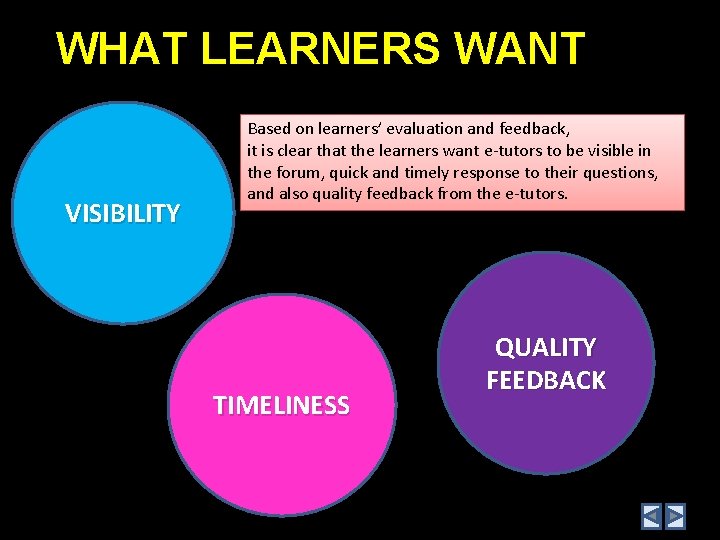 WHAT LEARNERS WANT VISIBILITY Based on learners’ evaluation and feedback, it is clear that