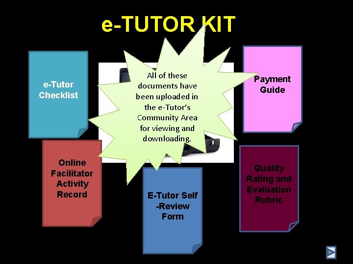 e-TUTOR KIT e-Tutor Checklist Online Facilitator Activity Record All of these documents have been