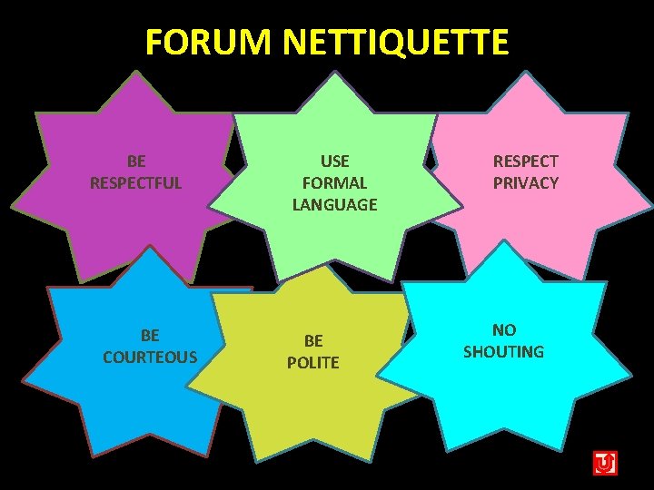 FORUM NETTIQUETTE BE RESPECTFUL BE COURTEOUS USE FORMAL LANGUAGE BE POLITE RESPECT PRIVACY NO