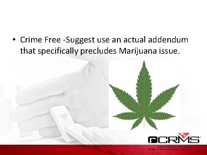  • Crime Free -Suggest use an actual addendum that specifically precludes Marijuana issue.