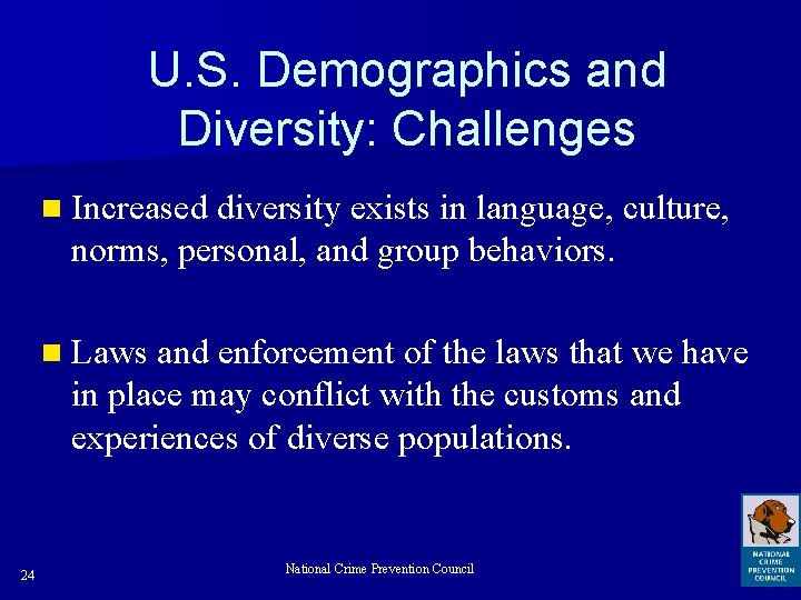 U. S. Demographics and Diversity: Challenges n Increased diversity exists in language, culture, norms,