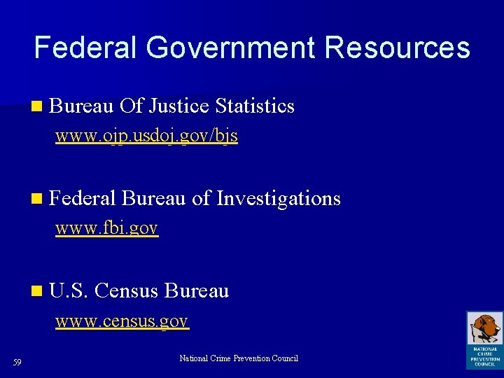 Federal Government Resources n Bureau Of Justice Statistics www. ojp. usdoj. gov/bjs n Federal