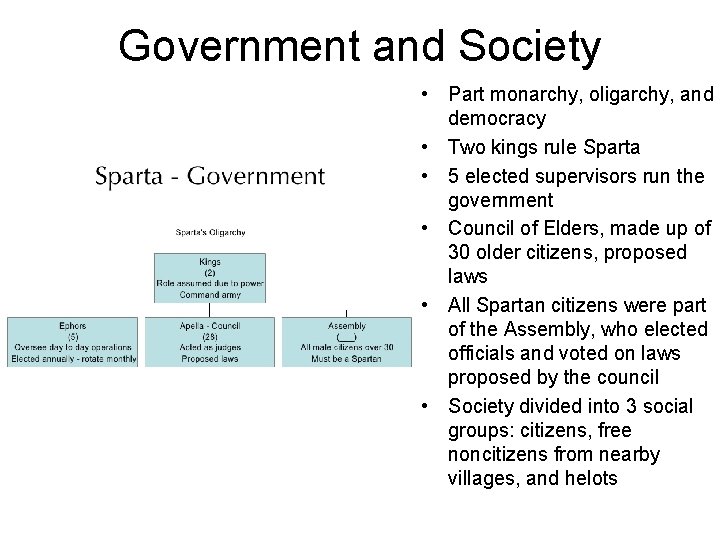 Government and Society • Part monarchy, oligarchy, and democracy • Two kings rule Sparta
