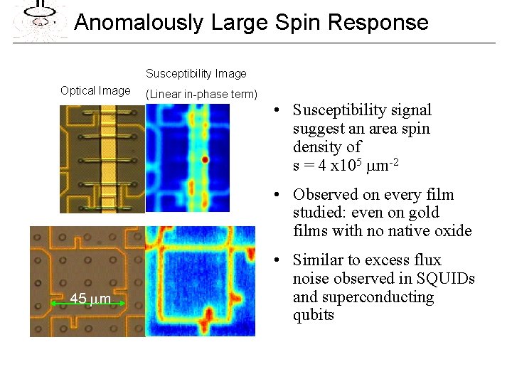 Anomalously Large Spin Response Susceptibility Image Optical Image (Linear in-phase term) • Susceptibility signal