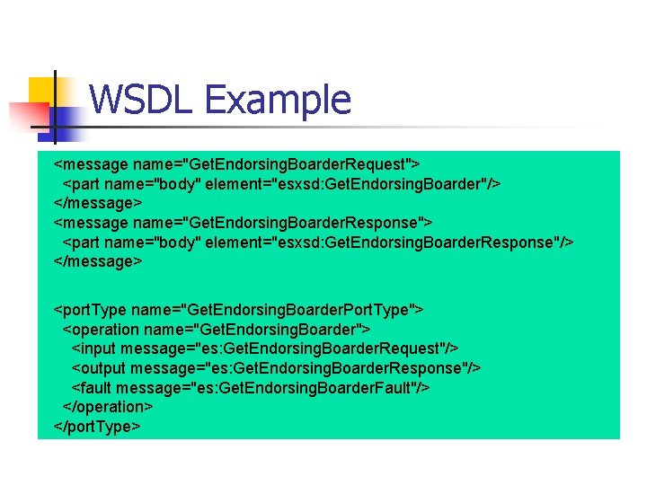 WSDL Example <message name="Get. Endorsing. Boarder. Request"> <part name="body" element="esxsd: Get. Endorsing. Boarder"/> </message>