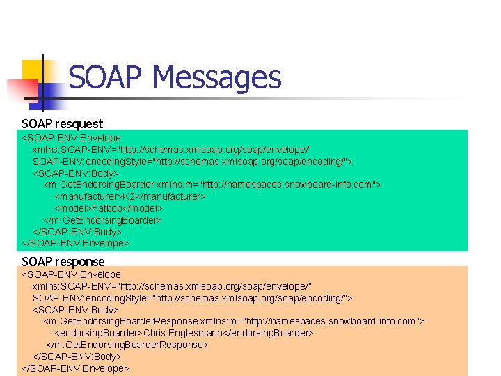 SOAP Messages SOAP resquest <SOAP-ENV: Envelope xmlns: SOAP-ENV="http: //schemas. xmlsoap. org/soap/envelope/“ SOAP-ENV: encoding. Style="http: