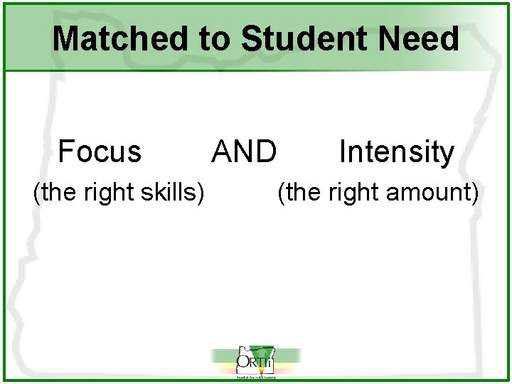 Matched to Student Need Focus AND Intensity (the right skills) (the right amount) 