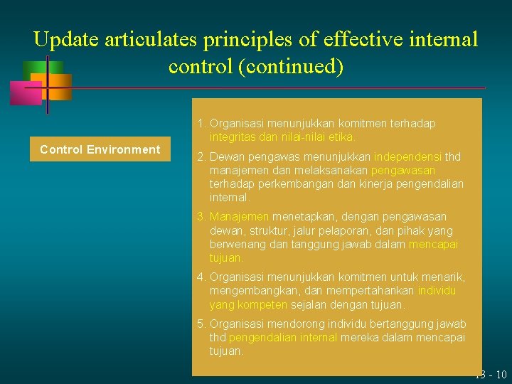 Update articulates principles of effective internal control (continued) Control Environment 1. Organisasi menunjukkan komitmen