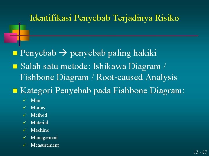 Identifikasi Penyebab Terjadinya Risiko Penyebab penyebab paling hakiki n Salah satu metode: Ishikawa Diagram