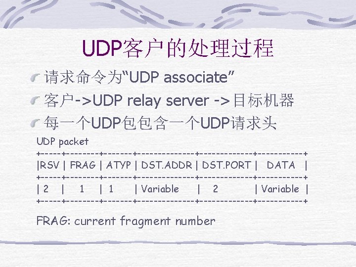 UDP客户的处理过程 请求命令为“UDP associate” 客户->UDP relay server ->目标机器 每一个UDP包包含一个UDP请求头 UDP packet +--------+--------------+-------+ |RSV | FRAG