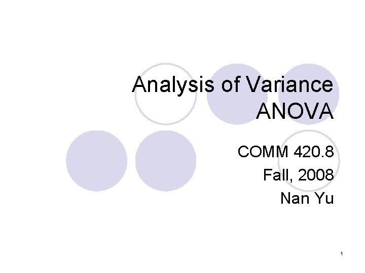Analysis of Variance ANOVA COMM 420. 8 Fall, 2008 Nan Yu 1 