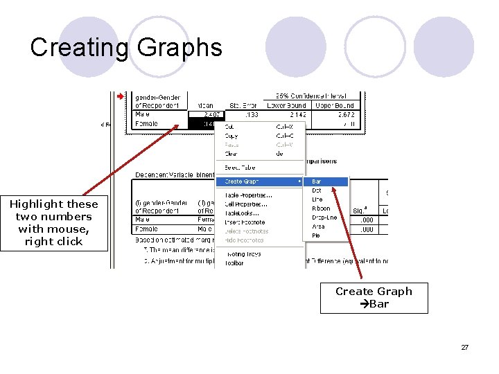 Creating Graphs Highlight these two numbers with mouse, right click Create Graph Bar 27