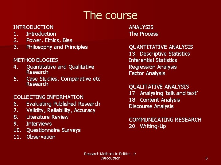 The course INTRODUCTION 1. Introduction 2. Power, Ethics, Bias 3. Philosophy and Principles METHODOLOGIES