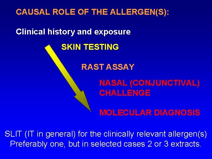 CAUSAL ROLE OF THE ALLERGEN(S): Clinical history and exposure SKIN TESTING RAST ASSAY NASAL