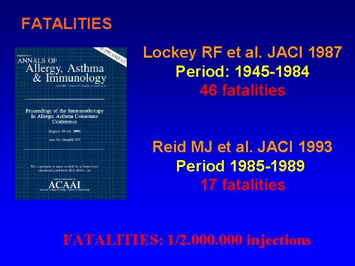 FATALITIES Lockey RF et al. JACI 1987 Period: 1945 -1984 46 fatalities Reid MJ