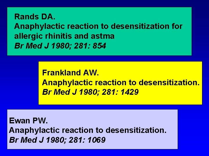 Rands DA. Anaphylactic reaction to desensitization for allergic rhinitis and astma Br Med J