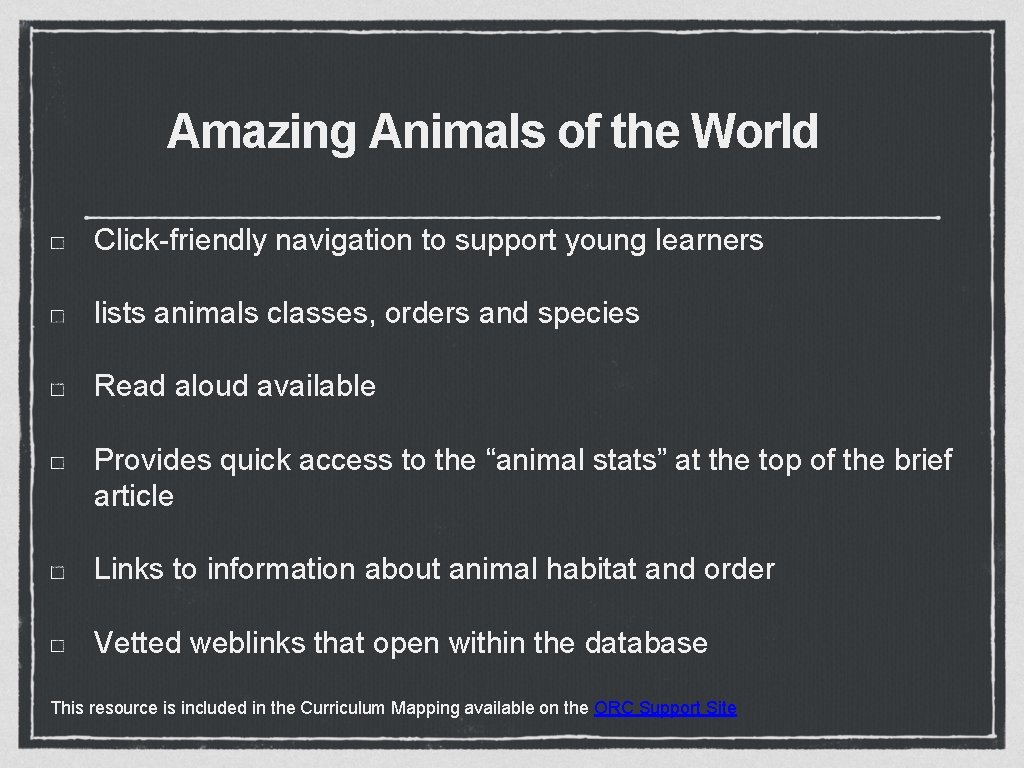 Amazing Animals of the World Click-friendly navigation to support young learners lists animals classes,