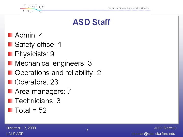 ASD Staff Admin: 4 Safety office: 1 Physicists: 9 Mechanical engineers: 3 Operations and