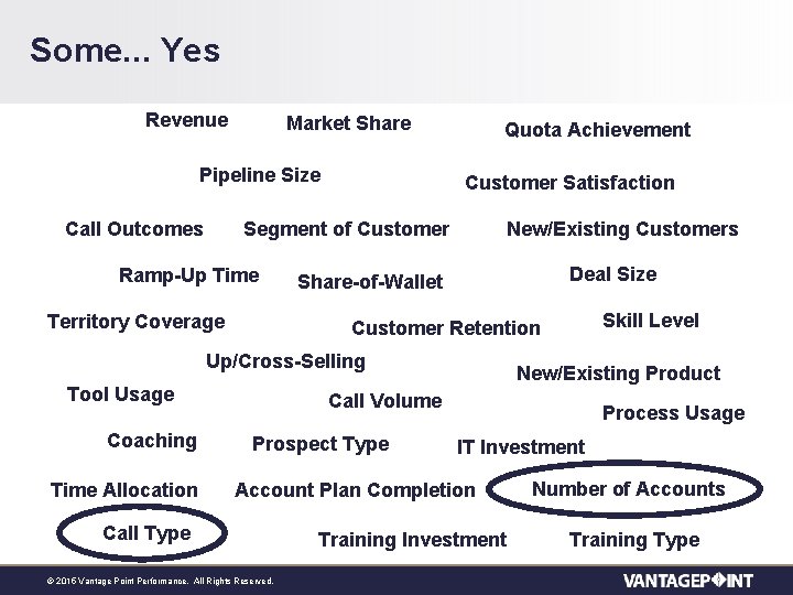 Some. . . Yes Revenue Market Share Pipeline Size Call Outcomes Quota Achievement Customer