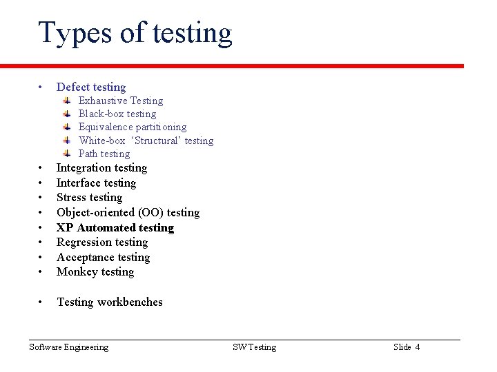 Types of testing • Defect testing Exhaustive Testing Black-box testing Equivalence partitioning White-box ‘Structural’